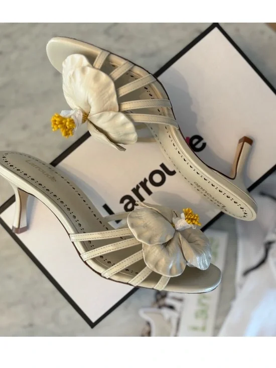 Larroude Cream Slide Mules with Floral Accent - Picture 3 of 9